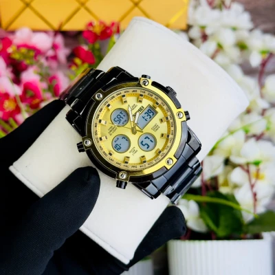 SKMEI Golden-Black Waterproof GENTS WATCH