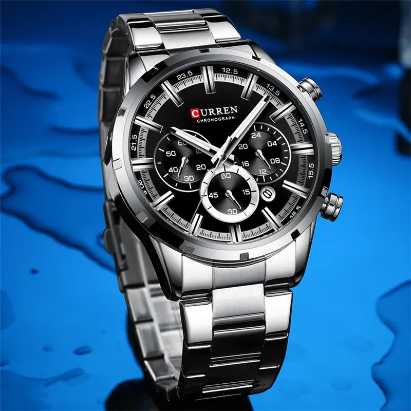 CURREN 8355 Silver Stainless Steel Chronograph Watch For Men - Black & Silver