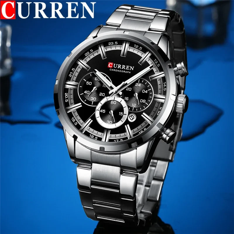 CURREN 8355 Silver Stainless Steel Chronograph Watch For Men - Black & Silver