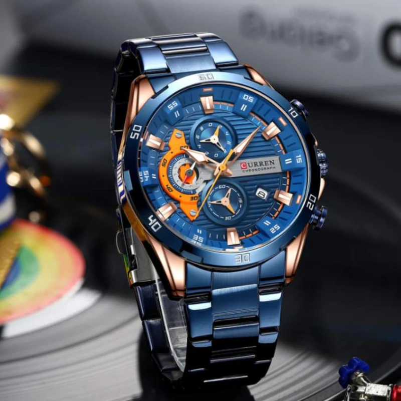 Curren 8402 Original Watch for Men –Rose Gold and Blue