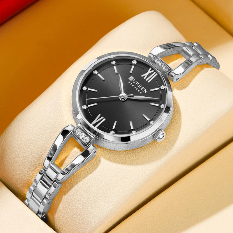 CURREN 9092 Luxury Quartz Watch with Sparkling Rhinestones Simple Stainless Steel Wristwatch for Women