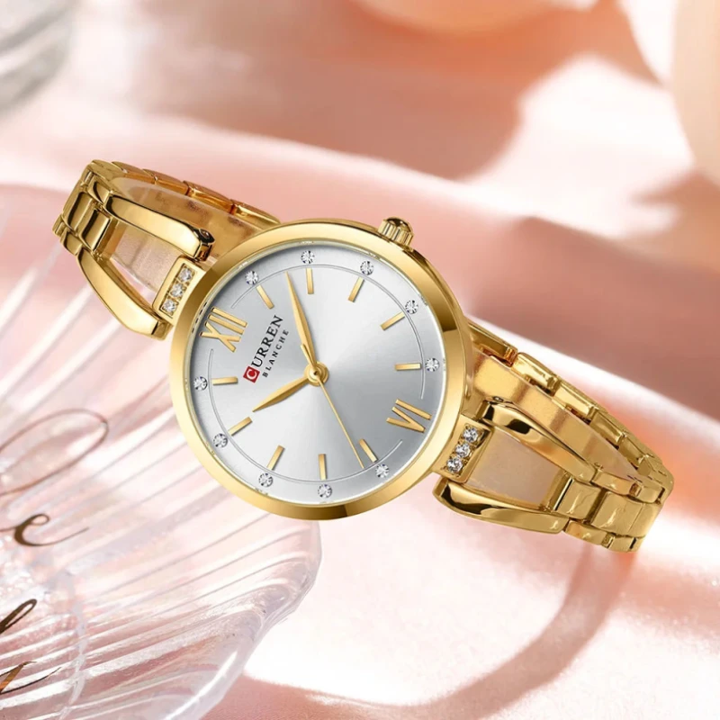 CURREN 9092 Luxury Quartz Watch with Sparkling Rhinestones Simple Stainless Steel Wristwatch for Women