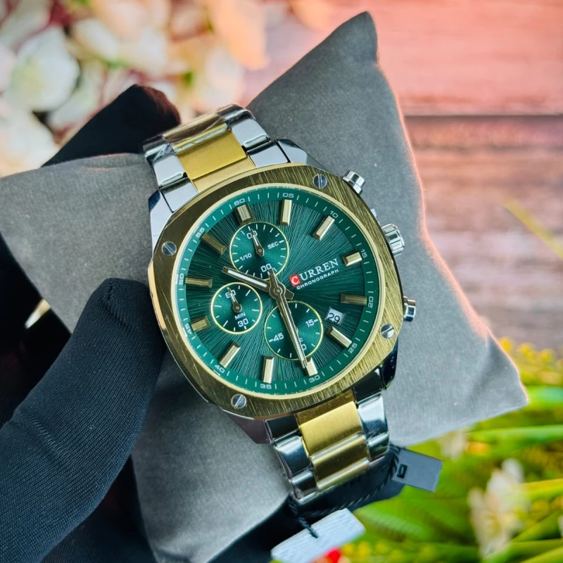 CURREN 8490 Chronograph Stainless Steel Men’s Watch(SELVER-GOLDEN-GREEN)