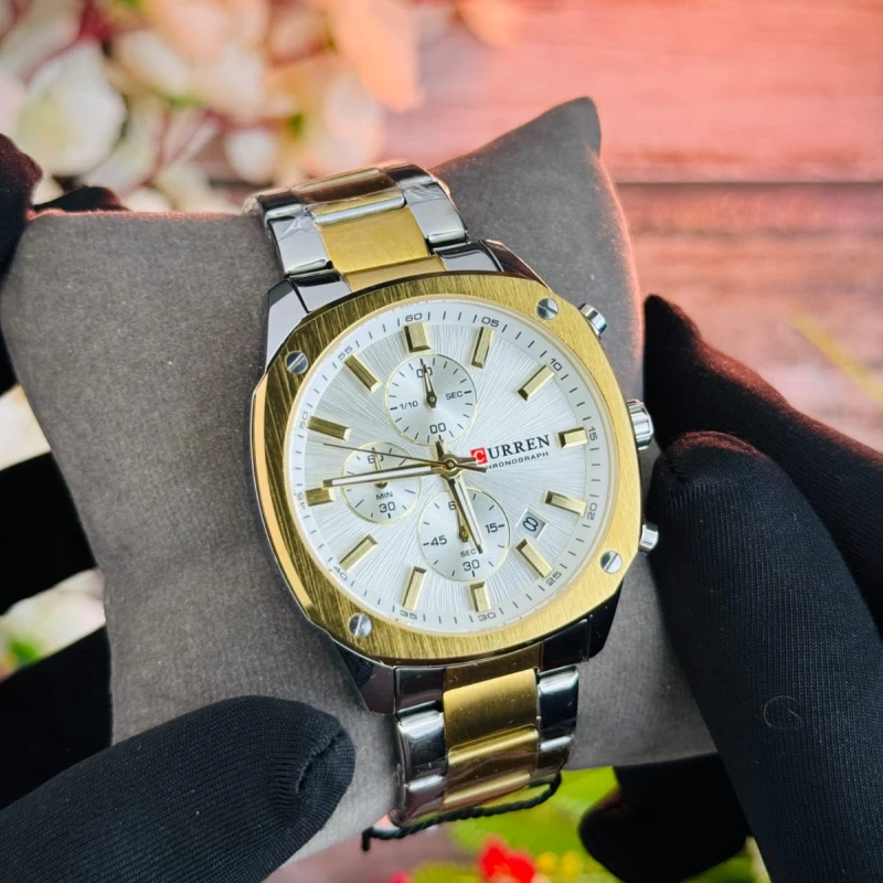 CURREN 8490 Chronograph Stainless Steel Men’s Watch(SILVER-GOLDEN-WHITE)