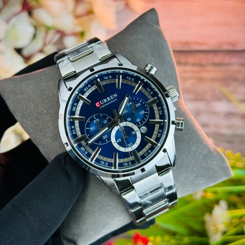 Curren 8355 Most Luxurious Chronograph Silver-Blue Dial Men's Watch(Waterproof)