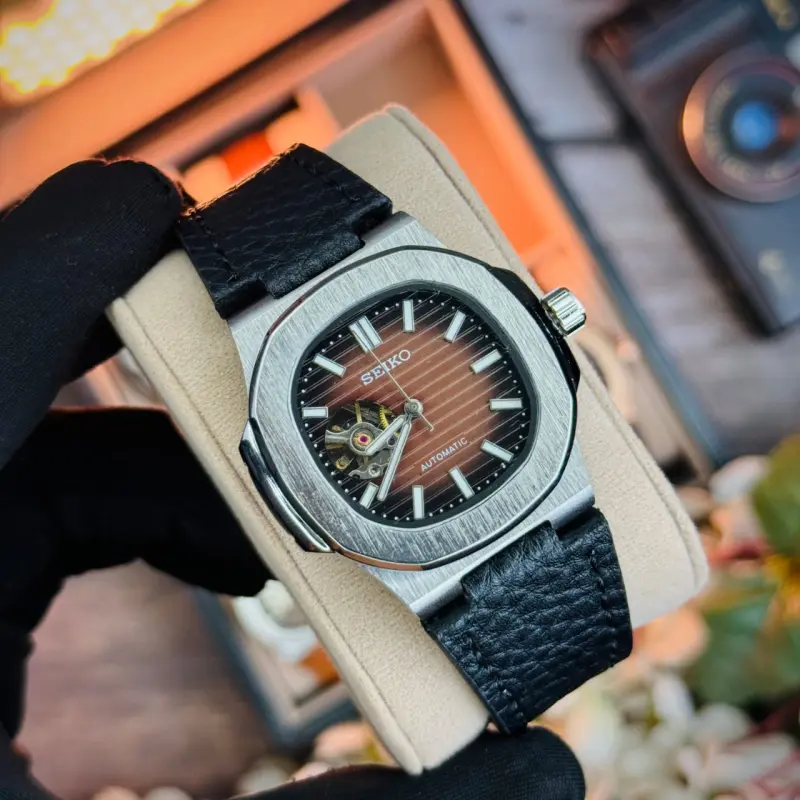 SEIKO Nautilus Leather Open Heart Dial Automatic Watch
