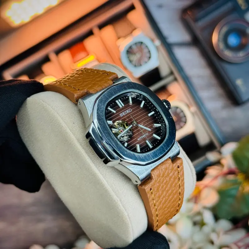 SEIKO Nautilus Leather Open Heart Dial Automatic Watch